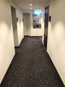 Mørkt teppegulv i gang på hotell